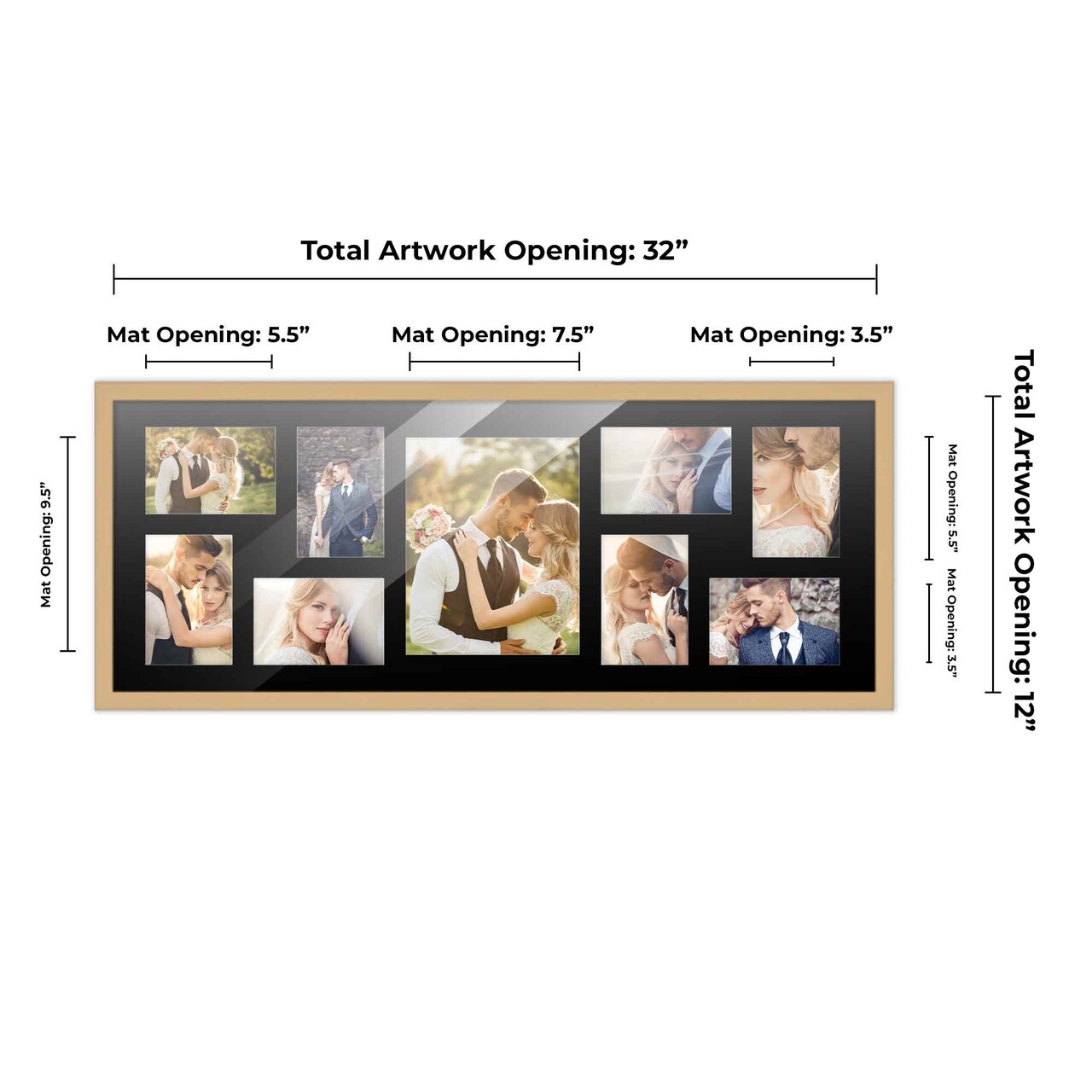 Natural Finish Collage Frame - Black Mat, 20 Frame Sizes to Choose From, UV Acrylic, Wall Hanging Hardware, Vertical or Horizontal Display